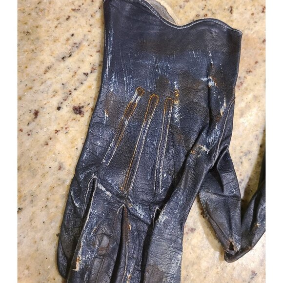 Vintage Women's Size S Blue Leather Gloves Horror Costume Thrashed Zombie War - Picture 3 of 11
